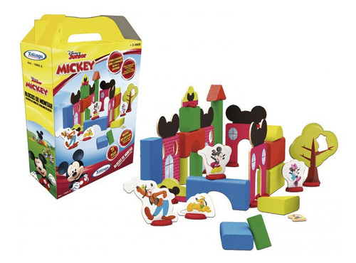 Brinquedo Educativo Blocos Montar Mickey 71 Peças Madeira